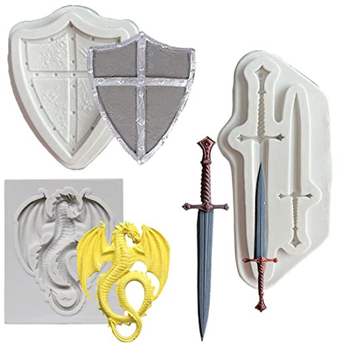MEZHEN Drachen Silikonformen Drachen Silikon Fondant Formen Swords Shield Schokoladenformen Dragon Silikon Backform DIY Silikon Seifenform für Backform Kuchen Dekorieren 3 Stück