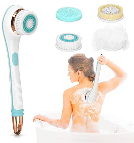 Electric Body Brush Set, USB Rechargeable Shower Scrubber With 4 Heads, Long Detachable Handle, 2-Speed Deep Cleansing Exfoliator, Waterproof Spin Facial Skin Massager for Clean