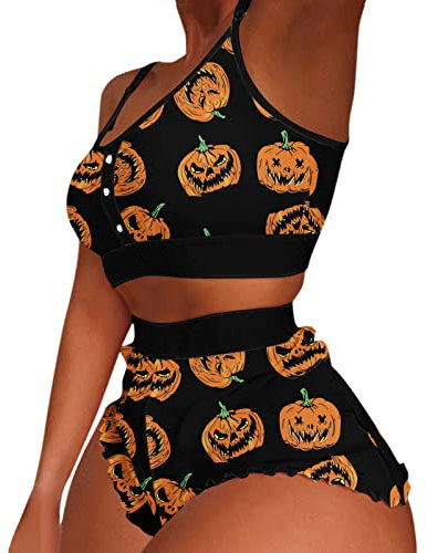IQYU Encolure Cacher Femmes Halloween Sexy Ensemble de Vêtements de Nuit Imprimé Cœur Pyjamas Shorts Sans Manches Lingerie Sexy Slim Vêtements de Nuit Ensemble Femmes Vêtements de Nuit, Noir , S