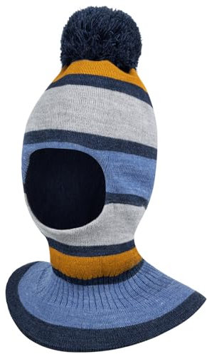 AJS Wintermütze Schalmütze Strickmütze Schlupfmütze warme Jungenmütze Bommelmütze, Farbe: Grau-Blau