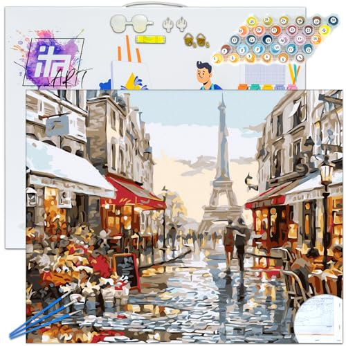 ITA Art Malen nach Zahlen Komplett Set mit Keilrahmen, Acrylfarben, Pinseln, Zubehör, Geschenkbox - DIY Gemälde Bastelset Kit mit Leinwand für Erwachsene, 40x50 cm, Regnerisches Paris