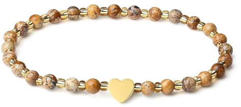 MetJakt Handgemachter Naturstein Perlenarmband 4MM Mini Stretch Armband Energiearmbänder 18k vergoldet Herz Armbänder für Damen Damenschmuck Echtes (Bild Jaspis)