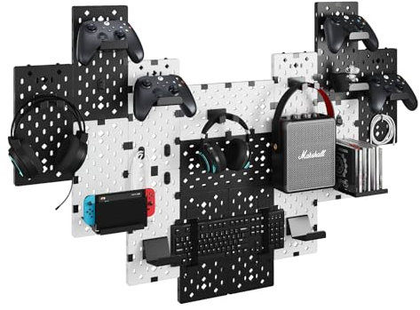 PEGZONE Controller and Headphone Holder Wall Mount, Modular Gaming Pegboard with Accessories, Controller Stand for Xbox PS5 PS4 Switch, Video Game Storage, Disc Shelf, 14pcs Pegboard, Black & White