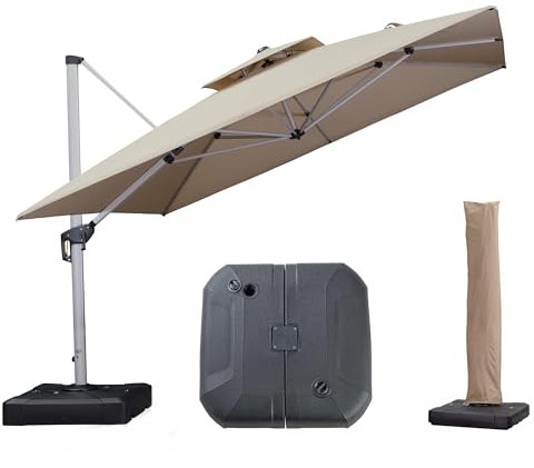 PURPLE LEAF Parasol Déporté 3,3 x 3,3 m Carré avec Pieds, Parasol de Jardin Extérieur à Toit Double Rotatif 360°, Pour Terrasses, Terrains de Camping, Restaurants Extérieurs, Beige