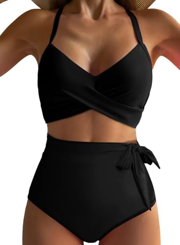 Dokotoo Damen Bikini Set Wickeloptik Push Up Bademode Bauchweg High Waist Zweiteiliger Badeanzug Swimsuit, schwarz, M