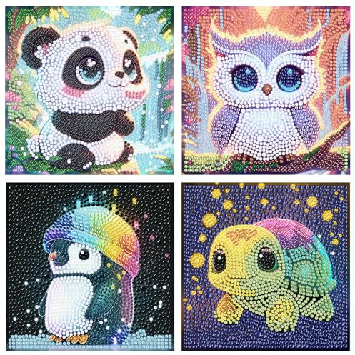 FLAJZ Diamond Painting Kinder, 4 Pack Diamant Painting Bilder Kinder, Süß Tiere Diamond Painting für Kinder ab 6 7 8 9 10 11 12 Jahre, DIY Mosaik Bastelset Weihnachtsgeschenke für Kinder, 15x15cm