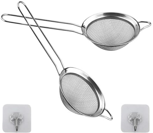 Small Stainless Steel Fine Mesh Strainers with 2 Pcs Kitchen Hooks,8 cm Diameter Mini Fine Mesh Sieve Tea Strainers Kitchen Colander Sieve with Handle - Ideal for Juice Egg Tea Coffee Flour Filter