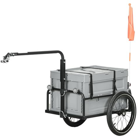 HOMCOM Fahrradanhänger mit Aufbewahrungsbox, abnehmbar und faltbar, 65 l, Reifen und Sicherheitsreflektoren, maximale Belastung 40 kg, Grau