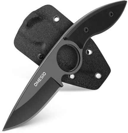 Omesio Coltello Da Cintura Eccellente Qualità In Acciaio 420 A Codolo Intero - Coltello A Lama Fissa Conforme Alle Norme Outdoor 42a - Con Robusta Impugnatura In G10 E Fodero In Kydex (Nero)