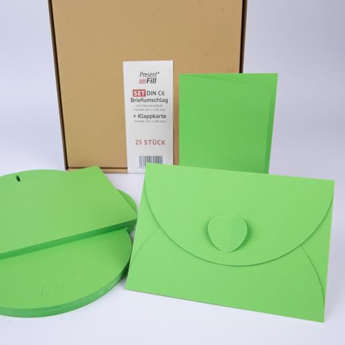 PresentFill® - blanko Falt-Karten inkl. Briefumschläge mit Herz Verschluß - 25er Set - Apfel Grün - Klappkarten zum selbst gestalten, beschriften oder bedrucken - DIN A6 / C6