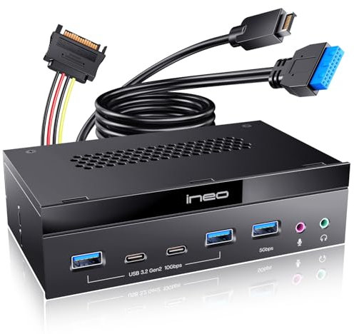 Ineo 5.25 Front Panel USB 3.2 Gen 2 Hub - 2X 10G USB-C, 2X 10G USB-A, 1x USB 3.0 Type-A, Audio & Mic Jack [3570II]