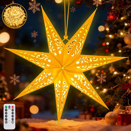 Papierstern Lampenschirm,45cm LED Papiersterne Zum Aufhängen mit Fernbedienung und Timer,Papierstern mit Beleuchtung 8 Leuchtmodi,Papierstern Beleuchtet zum Aufhängen,Weihnachtsstern Beleuchtet