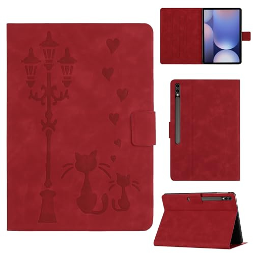 Rosbtib Coque pour Samsung Galaxy Tab S10 Plus 2024/ S9 Plus/ S9 FE Plus 12.4 Pouces Housse en Similicuir avec Support, Un Couple de Chats Amoureux sous Le lampadaire Imprime, Rouge