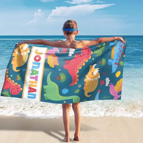 Jodimitty Strandtuch für Jungen Dinosaurier Personalisiertes Name Mikrofaser Wasserabsorbierend Sandfrei Strandhandtuch Personalisiertes Geschenk für Jungen Männer, 120/152/180cm