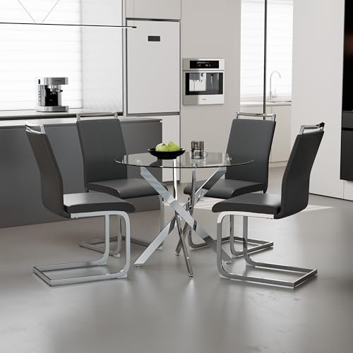 GOLDFAN Table à Manger en Verre Ronde 80 cm avec 4 Chaises, Design Moderne, Chrome et Gris