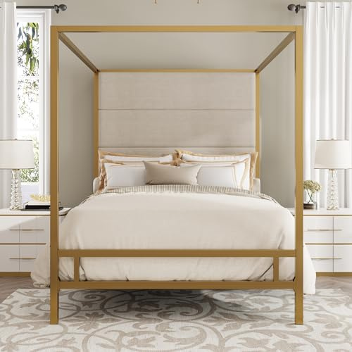 LUMISOL Queen Size Metal Canopy Bed with Headboard, Gold 4-Poster Bed Frame with Tall Linen Upholstered Headboard, Dual Purpose Canopy Platform Bed, Box Spring Needed, Tan