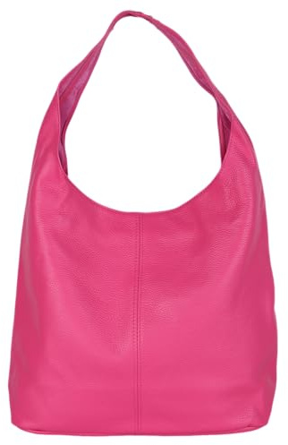 MIRROSI Beuteltasche Damen aus Echtleder – Made in Italy – Shopper & Tragetasche 33x32x16 cm – Handtasche mit viel Stauraum – Leder Schultertasche (Pink)
