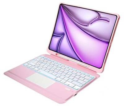 Sazfli Keyboard Case for iPad Pro 12.9 inch 6/5/4/3 Gen – Magnetic Detachable, Touchpad, 7-Colour Backlit, BT, T209D, Pink