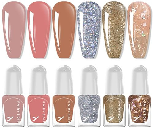 Glitter Nail Polish Sets - 6 Colours Glitter Nude Nail Varnish Set - 2ml Mini Bottle Shinny Peel Off Nail Polish Gifts for Women Nail Art DIY Home - No Need Cured