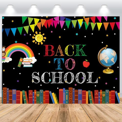 ASDCXZ Sfondo Fotografico Ritorno a Scuola 3.6x3m, Arcobaleno Globo Libro Mela Primo Giorno di Scuola Tema Sfondo Fotografia per Bambini Studente Aula Festa Decorazioni Materiali Banner