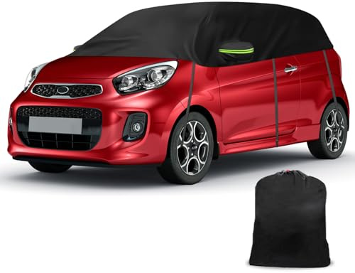 Halbe Autoabdeckung Kompatibel mit Kia Picanto 2003-2025, Halbabdeckung wasserdichte Halbgarage mit Winddichtem Gurt Reflexstreifen für Schnee, Regen, Allwetterschutz