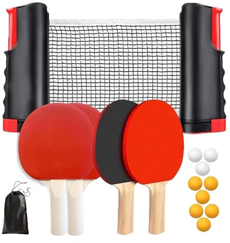 GOEDCH Tischtennisschläger Set mit Netz: Mobiles Tischtennis Setmit 4 Schläger, Einziehbarem Netz, 9 Tischtennis Bälle und 1 Aufbewahrungstasche, Tischtennisschläger Set für Indoor und Outdoor Spiele