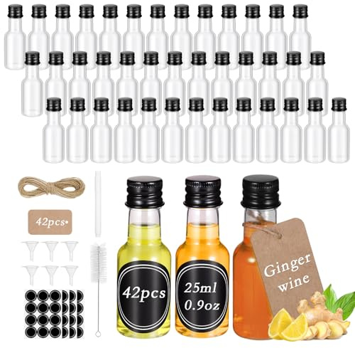 Hejo 42 Pcs Mini Liquor Bottles, 25ml Leakproof Mini Plastic Juice Bottle with Lids, Refillable Reusable Miniature Empty Bottles for Homemade Juice, Milk, Oil, Travel Size, DIY Crafts