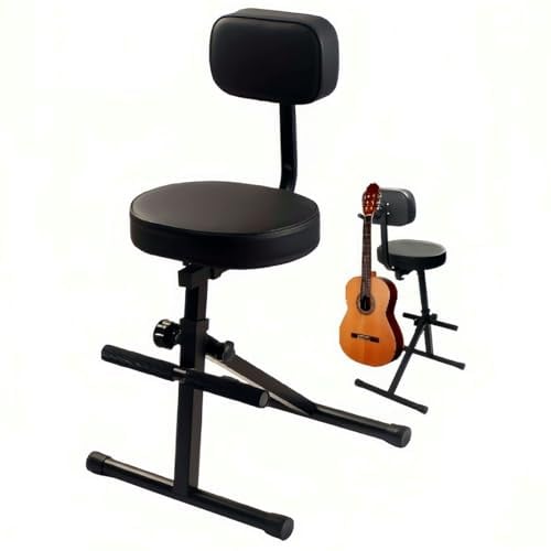 BlissKiss Verstellbarer Gitarrenhocker mit Rückenstütze – Professioneller Musiker-Thron mit Instrumentenaufhänger, faltbares Design für Bühne und Studio, 86,1 cm - 106,9 cm Höhenbereich, Schwarz