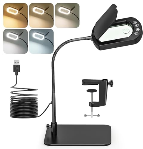Jubor Loupe à Col de Cygne, 15X 10X Lampe Loupe de Bureau avec Cache-poussière et Base, LED Lampe de Bureau avec 5 Modes de Couleurs Réglables pour Lecture, Réparation, Artisanat