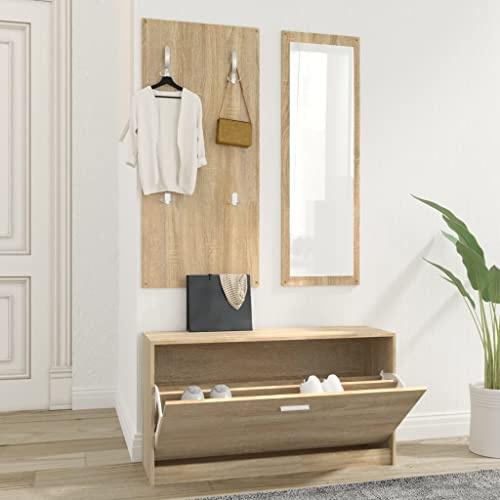 JHQHSM Ensemble de 3 meubles de couloir en chêne Sonoma avec armoire à chaussures, miroir mural, porte-manteau | Solution de rangement stable pour l'entrée | Matériau robuste