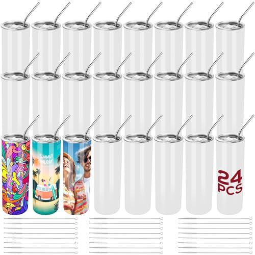 MAIKESUB 24 Pack Blank Straight Skinny 20oz Metal Tumblers with Lids – For Sublimation Decoration & Vinyl Crafts