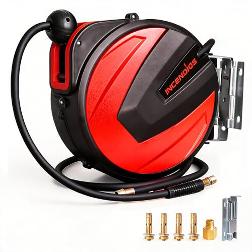 Retractable Air Hose Reel - 1/4 x 15m Hybrid Polymer Air Compressor Hose Reel, Max 20BAR Heavy Duty with 2m Lead-in, 180°Swivel Wall/Ceiling Mount for Garage, Workshop & Home Studio