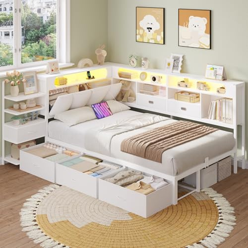 DICTAC Lit 90x190 en L – Banquette-Lit 1 Place avec Tête de Lit Capitonnée (Rangement Secret + Table de Nuit Intégrée), LED RGB & Recharge | Idéal pour Studio & Chambre (Blanc)