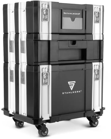 STAHLWERK Toolbox-Set mit Rollbrett, Werkzeug-Organizer mit drei Boxen | mobiles Aufbewahrungssystem mit Schubfach, viel Stauraum, stabilen Klickverschlüssen für Werkstatt, Garage und Montage