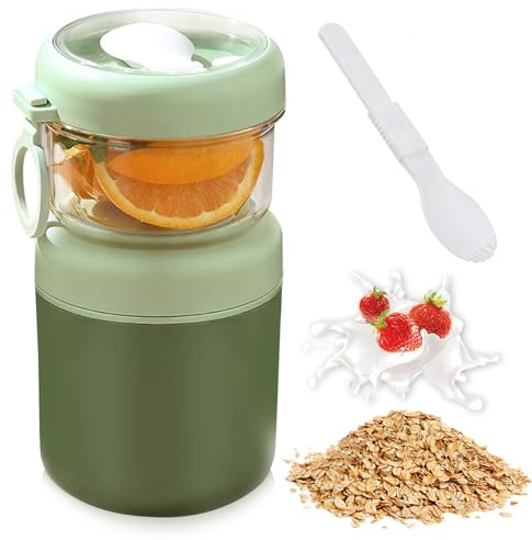 Grande tasse à céréales en déplacement – Pots à yaourt 2 en 1 en acier inoxydable 530 ml + 330 ml avec cuillère, étanche, isolé et passe au lave-vaisselle, récipient à yaourt réutilisable pour le