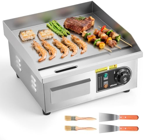 VEVOR Plancha Eléctrica 2000 W 355 x 300 mm, Control de Temperatura 50 a 300 °C, Parrilla de Encimera de Acero Inoxidable con Superficie Plana, con 2 Espátulas y 2 Cepillos, para Carne y Panqueques