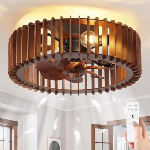 MRDEER Deckenventilator mit Beleuchtung, Echtholz, 50 cm, 4× E27 | Deckenlampe mit Ventilator, Echtholzgitter, 4 E27-Fassungen, Fernbedienung, 6 Stufen, Timer und umkehrbarer Drehrichtung.