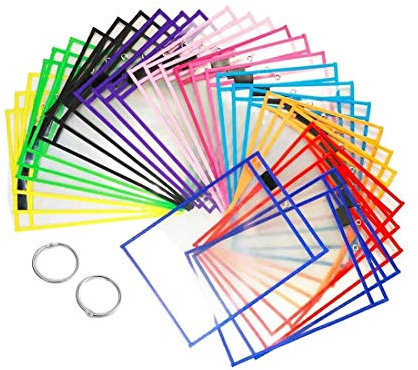 Dunflop 30 PC Reusable Dry Erase Pockets Sleeves, 2 Rings Transparent Sheets Erasable Pockets, Drawing Board, Clear Sheet Protector, Teacher School Classroom Supplies & Resources
