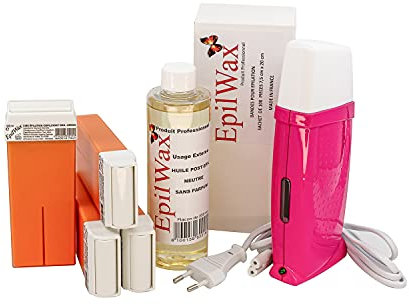 EpilWax - Kit Chauffe Cire Épilation Professionnelle avec 4 x Recharges Roll on Cire à l'Argan, 100 x Bandes d'Épilation et Huile après Épilation - Gamme Royal