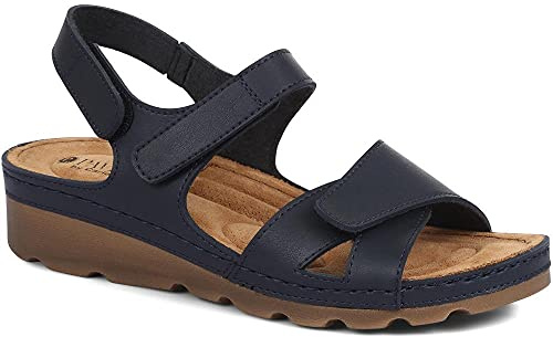 Pavers Women's Sandals in Navy with Adjustable Soft Straps - Memory Foam Suede Footbed - Comfortable Fit Lightweight Footwear - Size UK 7 / EU 40