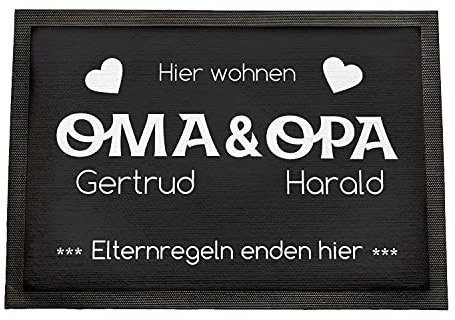 Geschenke 24 | Fußmatte personalisiert Elternregeln Enden Hier (schwarz - Oma&Opa, Mit Rand - 60x40cm) | Schmutzfangmatte für innen und außen | mit Wunschnamen Bedruckt | Eingangstür