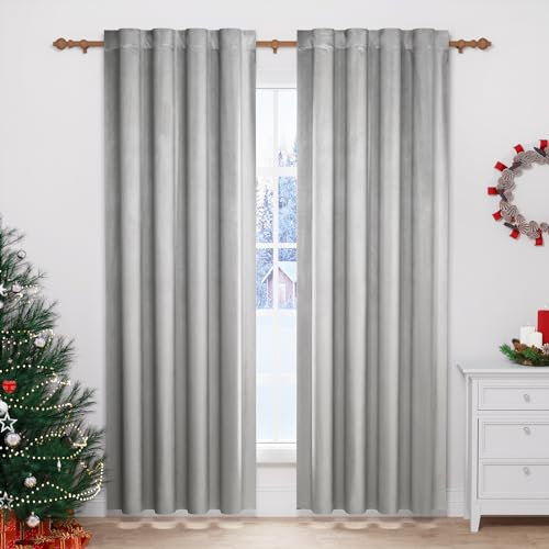 WOLTU 2 Stücke Samtvorhänge, für Schlafzimmer Wohnzimmer, Verdunklungsvorhang mit Kräuselband Thermogardine, 300 g/m² Schwere Samtige, 140 x 245 cm, Hellgrau