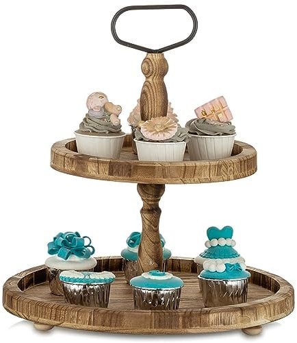 NUPTIO 2 Gestufte Tablett Holz Kuchenständer Nachmittagstee Steht, Rustikale Kuchenständer Bauernhaus Tablettständer Süßer Ständer mit Metallgriff für Hochzeitsgeburtstag Weihnachten Halloween Party