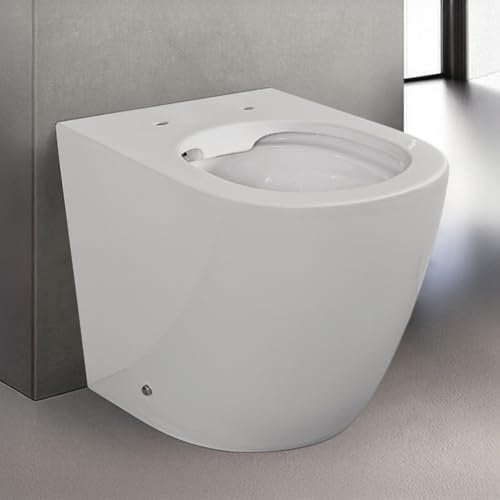 WC filo muro a terra con sistema di scarico Rimless, design slim moderno in ceramica bianca serie Tokyo