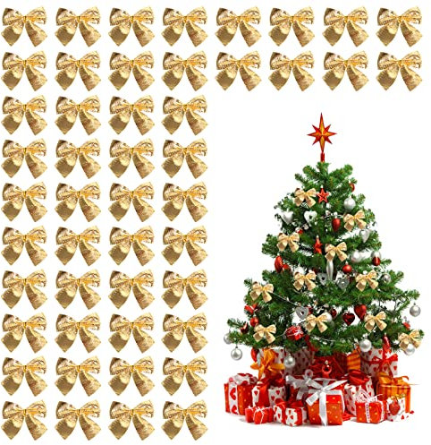 Souarts 48 Stück Weihnachtsschleifen, Weihnachtsbaum Schleifen Rot Gold Weihnachten Deko Glitzer Schleifen Weihnachtsbogen Band Bogen Ornamente für Weihnachtskranz Geschenk(Gold)