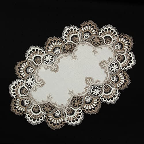 Edle Jacquard Tischdecke/ -läufer mit Spitzen in Braun/Weiß ca. 34 x 53 cm