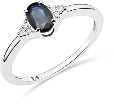 MIORE Schmuck Damen 0.03 Ct Diamant Verlobungsring mit Edelstein Geburtsstein natürlicher ovaler blauer Saphir und 6 Diamanten Brillanten Diamantring aus Weißgold 9 Karat (375) Gold