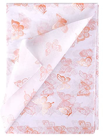 KINBOM 30pcs 35 x 50cm/ 13.8 x 19.7 inch Butterfly Tissue Paper, Rose Gold Wrapping Paper Metallic Packing Paper for DIY Crafts Baby Showers Birthday Wedding