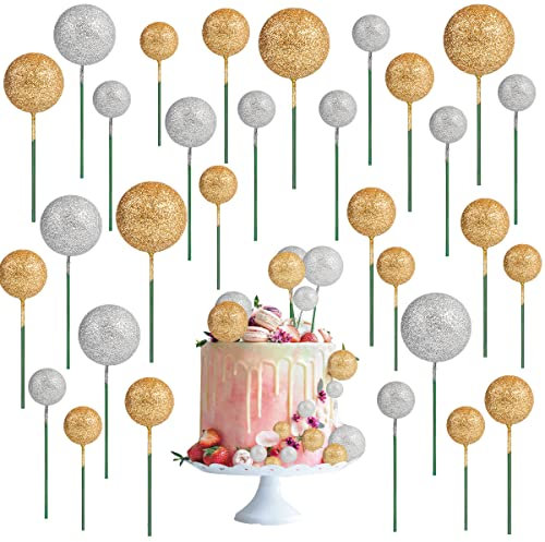 66 Stück Ballon-Kuchenaufsatz, Glitzer-Schaumstoffkugel-Kuchendekoration, Mini-Ballon-Cupcake-Topper, runde DIY-Kuchen-Picks, Einsatz, Backen, Babyparty, Dekor (Gold und Silber)