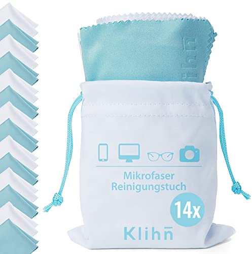 Klihn - Mikrofaser Brillenputztücher in Optikerqualität (14er Pack + Aufbewahrungsbeutel) | für Brille, Handy, Display und Objektive | waschbar | Microfaser | Größe: 18x16cm